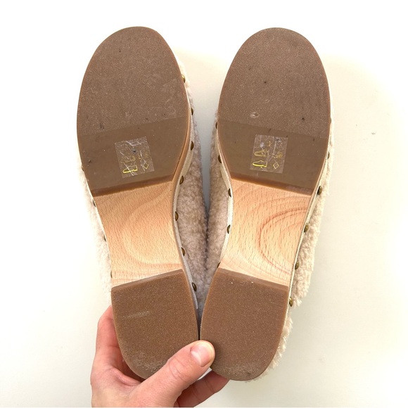 J. Crew Ivory White Sherpa Faux Fur Wood Platform Studded Slip-On Clogs - Picture 7 of 10